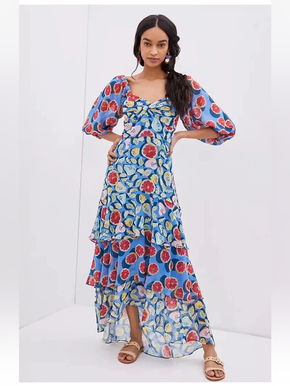 Anthropologie Hutch Frutas Ruffled Fruit Print Maxi Dress Womens 14